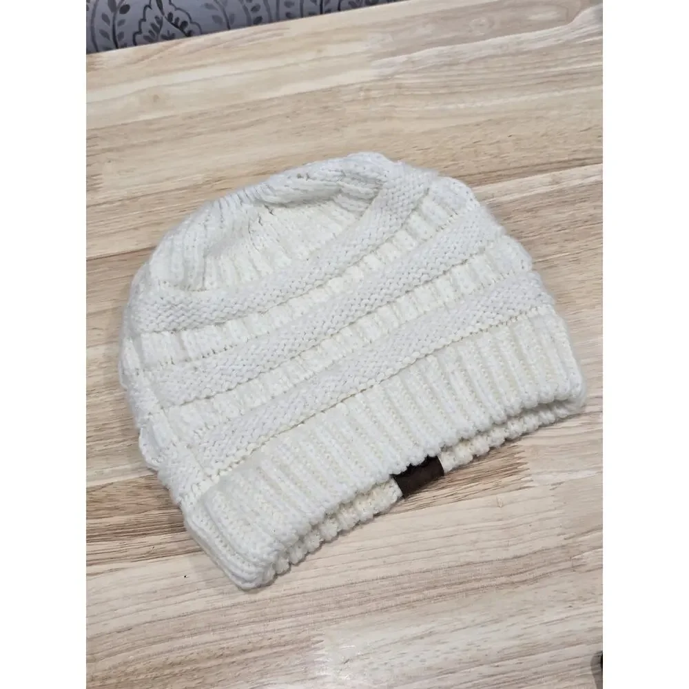 C.C Exclusive CC Beanie tail Ponytail Messy Bun Solid Ribbed Knit Beanie Hat